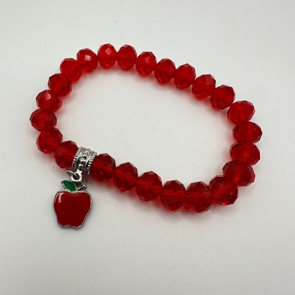 SALE! Red faceted crystal glass bracelet with‎ apple enamel charm!
